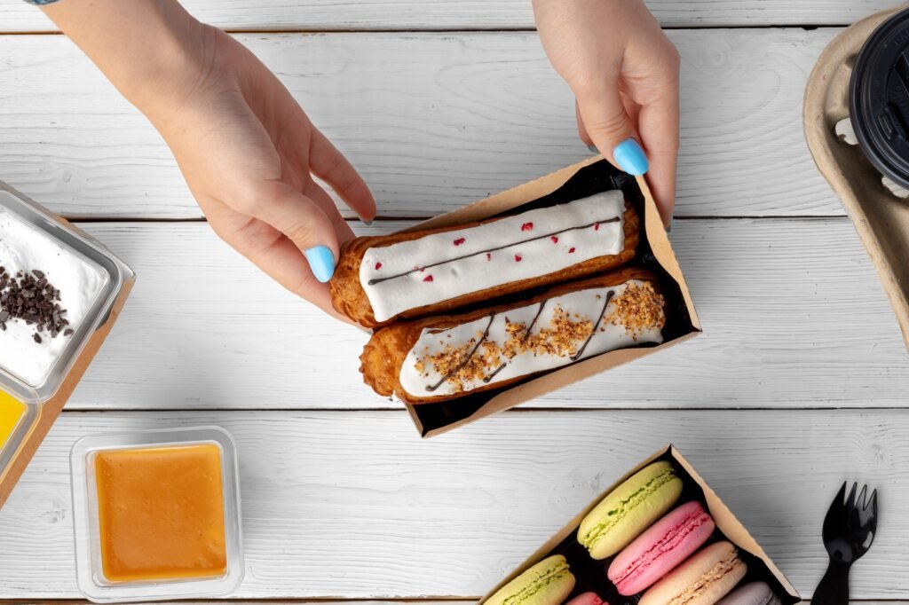 Fresh eclair cakes in a cardboard box